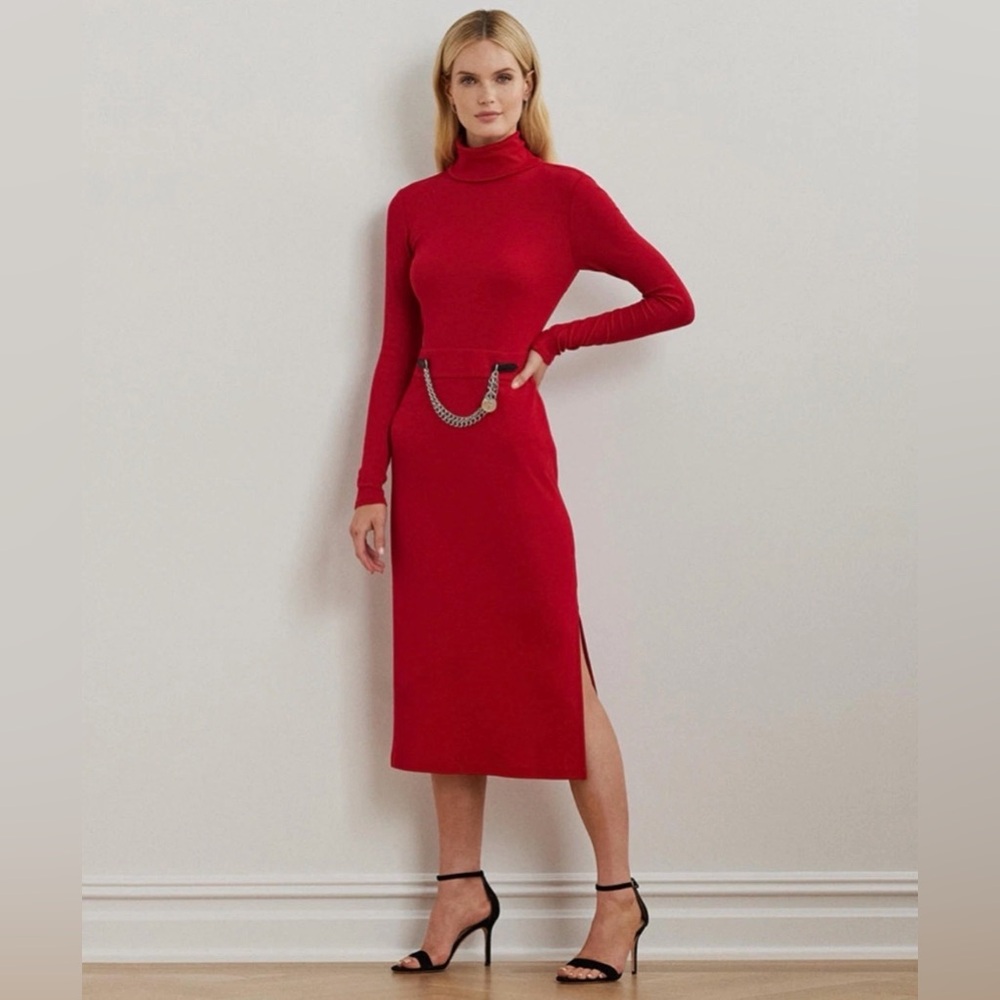 NWT Lauren Ralph Lauren Women's Chain-Trim Red Rib-Knit Turtleneck Dress size 10